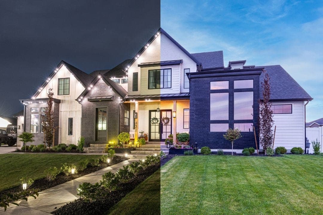 Split view of one home — lit at night on the left, daytime on the right with the channel invisible.
