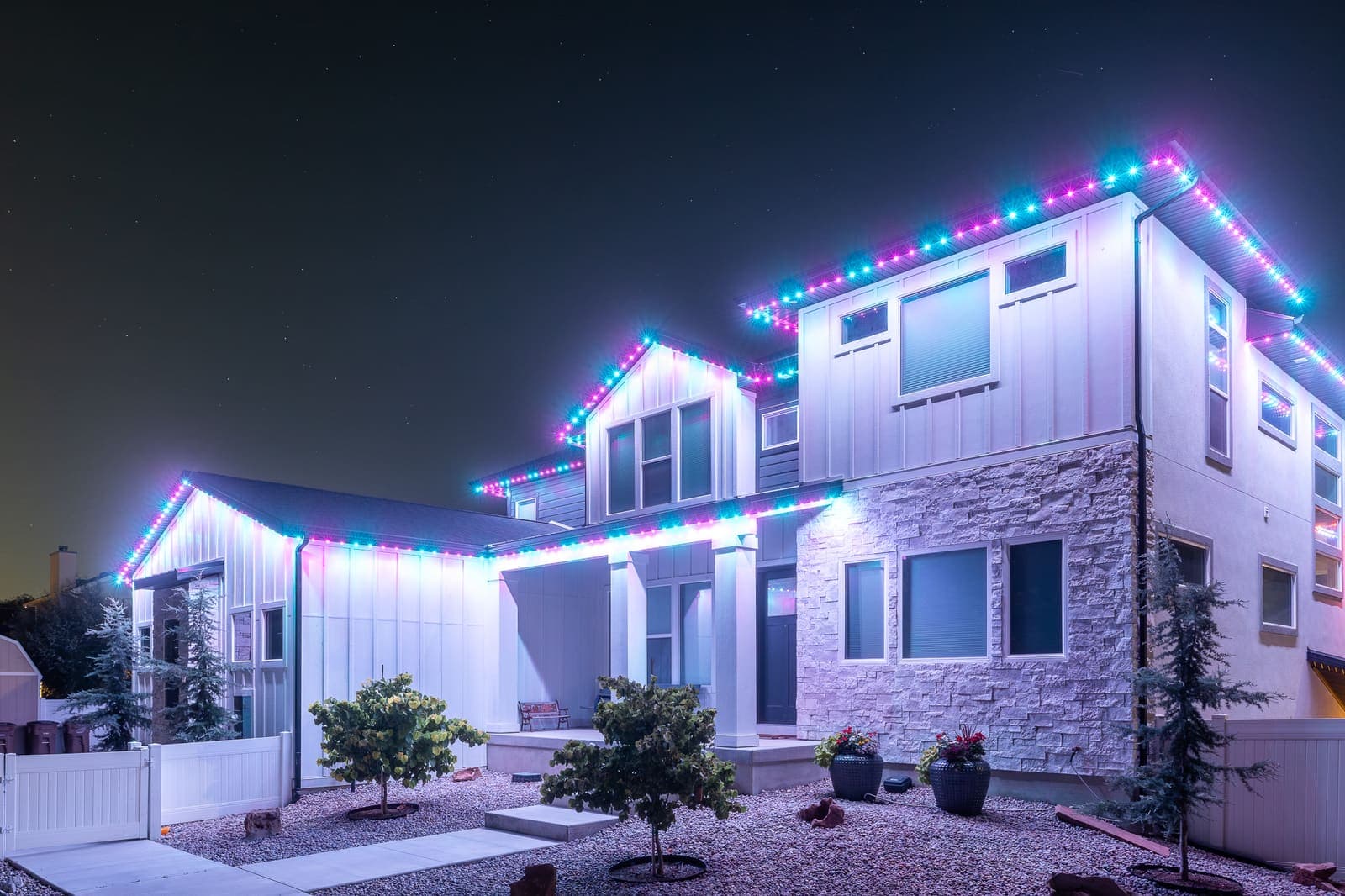 The same home at night in full multicolor.